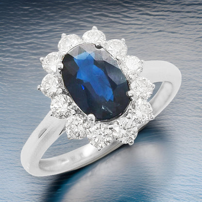 Oval Blue Sapphire & Diamond Ring: 18K White Gold, SI/GH Diamonds