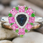 18K White Gold Multi-Gemstone Pear Ring: Blue & Pink Sapphire, Diamond, Tsavorite