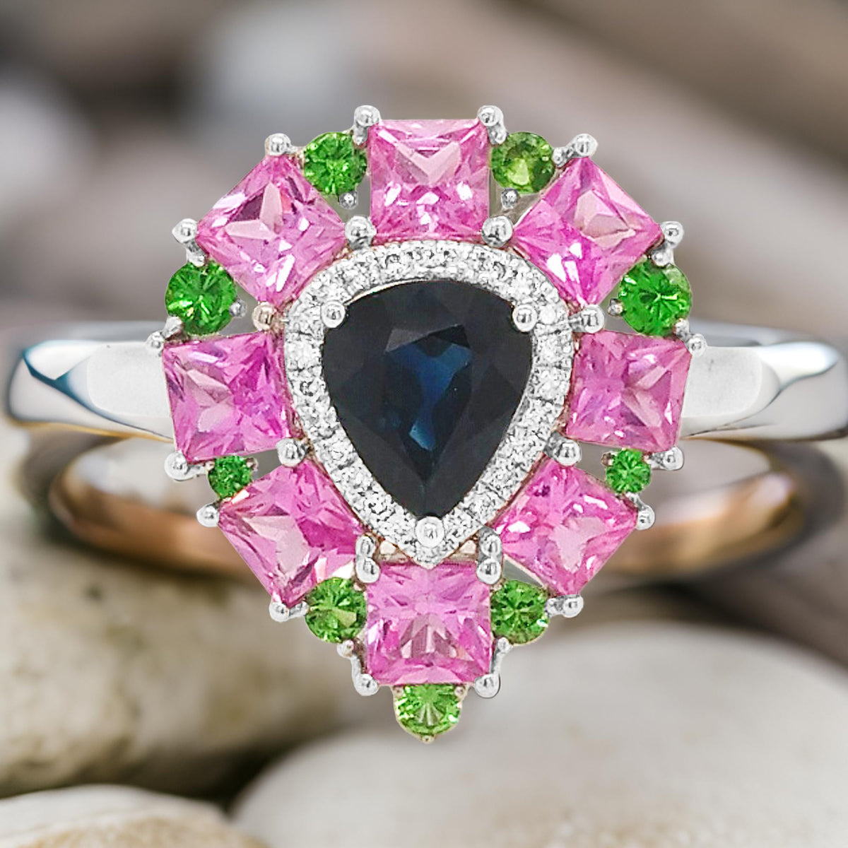 18K White Gold Multi-Gemstone Pear Ring: Blue & Pink Sapphire, Diamond, Tsavorite