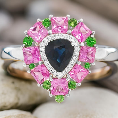 18K White Gold Multi-Gemstone Pear Ring: Blue & Pink Sapphire, Diamond, Tsavorite