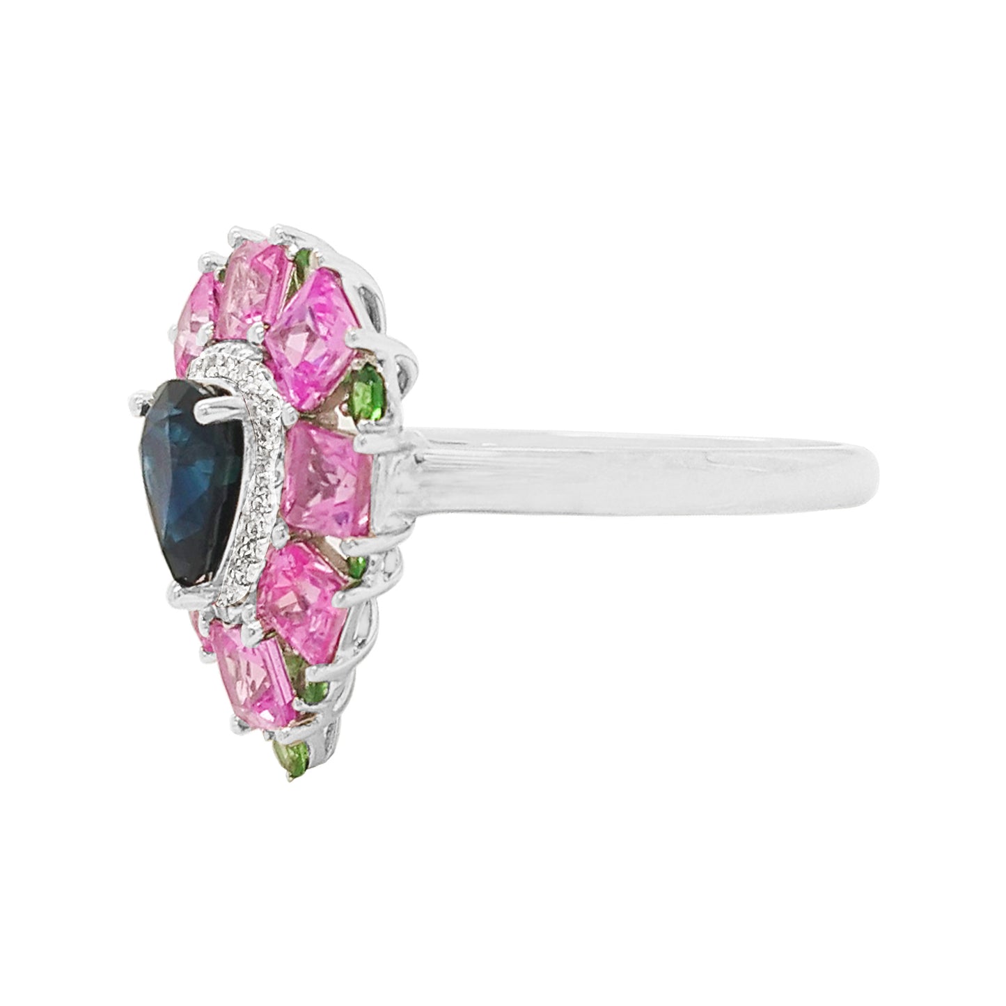18K White Gold Multi-Gemstone Pear Ring: Blue & Pink Sapphire, Diamond, Tsavorite