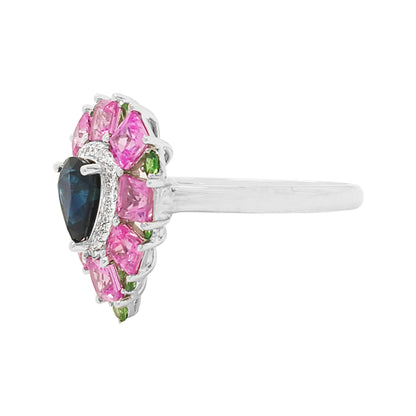 18K White Gold Multi-Gemstone Pear Ring: Blue & Pink Sapphire, Diamond, Tsavorite