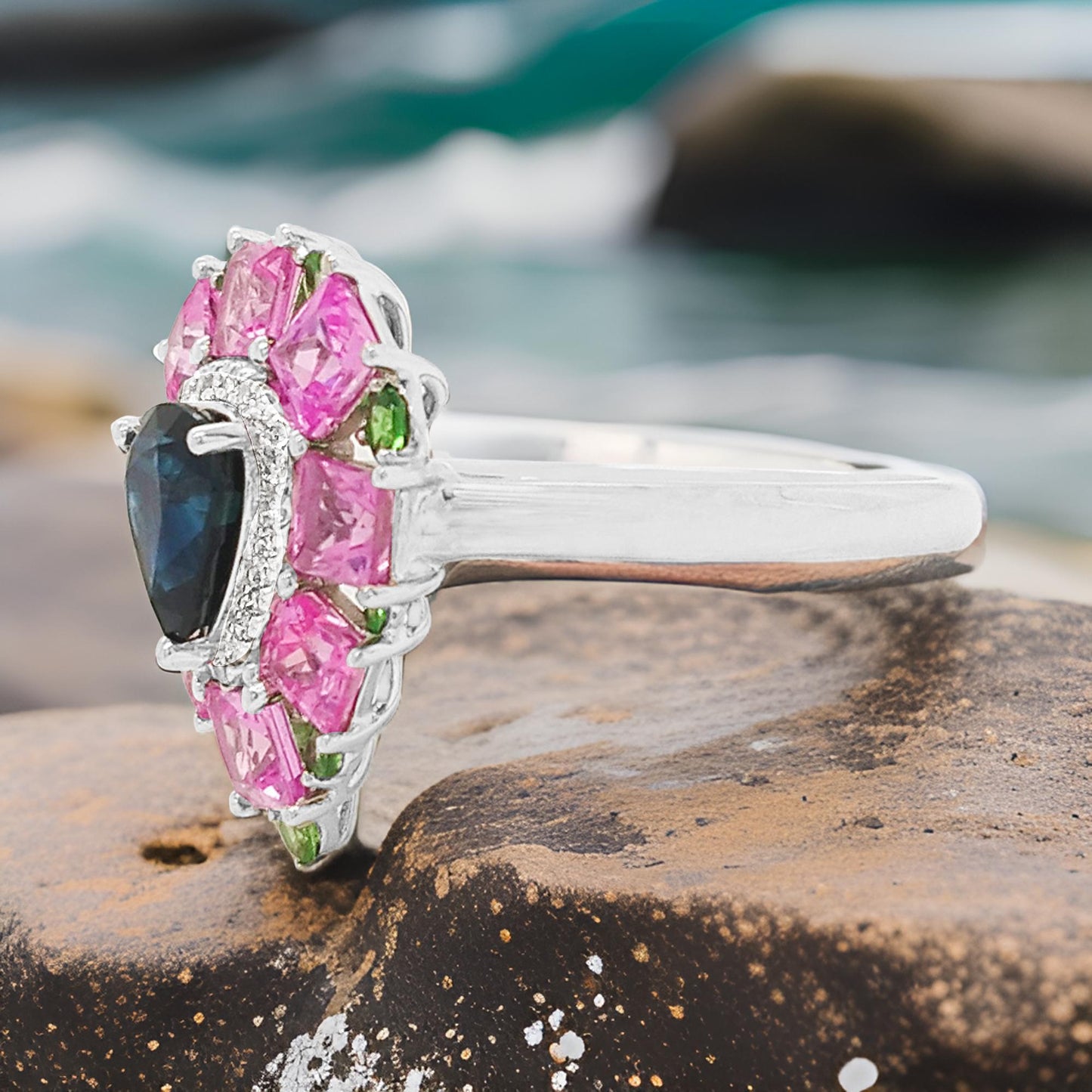 18K White Gold Multi-Gemstone Pear Ring: Blue & Pink Sapphire, Diamond, Tsavorite