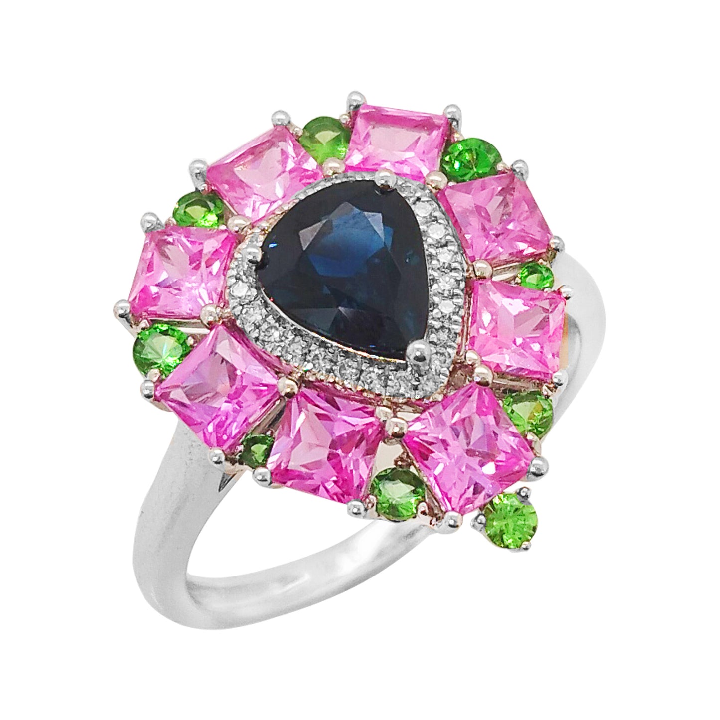 18K White Gold Multi-Gemstone Pear Ring: Blue & Pink Sapphire, Diamond, Tsavorite