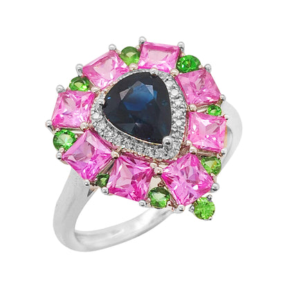 18K White Gold Multi-Gemstone Pear Ring: Blue & Pink Sapphire, Diamond, Tsavorite
