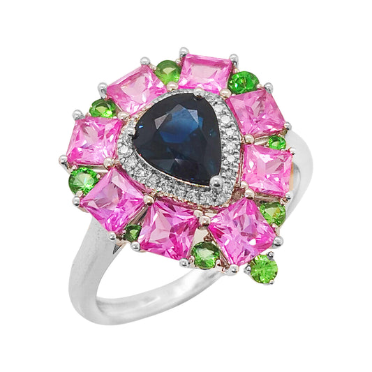 18K White Gold Multi-Gemstone Pear Ring: Blue & Pink Sapphire, Diamond, Tsavorite