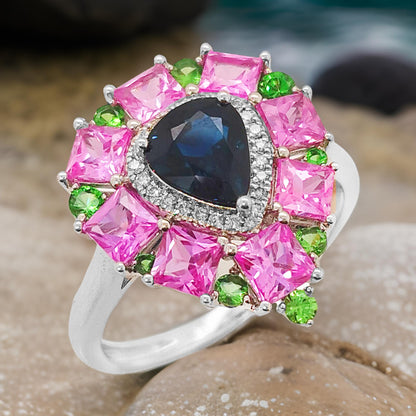 18K White Gold Multi-Gemstone Pear Ring: Blue & Pink Sapphire, Diamond, Tsavorite