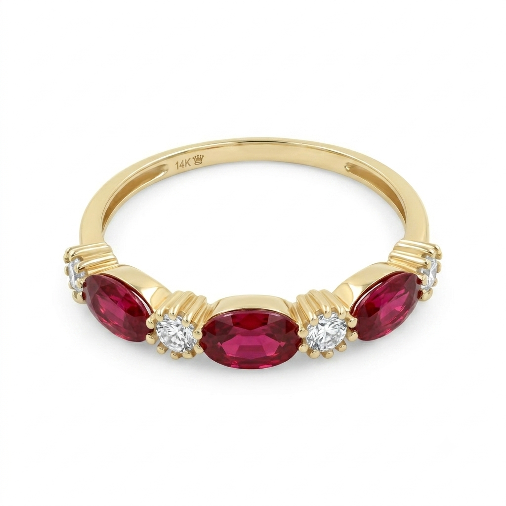 14K Solid Yellow Gold Red Ruby Natural Diamond Ring Anniversary Gift For Her July Birthstone Promise Engagement Bridal Jewelry