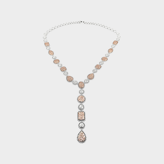 Pink & White Lab Grown Diamond Cluster Necklace - Rose/White Gold Beaded Chain