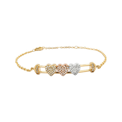 14K Gold Chain Bracelet: Trio Diamond Heart Charms