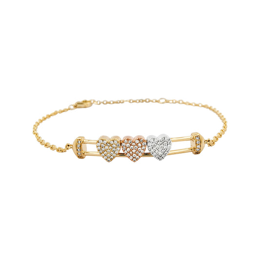 14K Gold Chain Bracelet: Trio Diamond Heart Charms