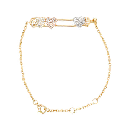14K Gold Chain Bracelet: Trio Diamond Heart Charms