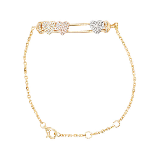 14K Gold Chain Bracelet: Trio Diamond Heart Charms