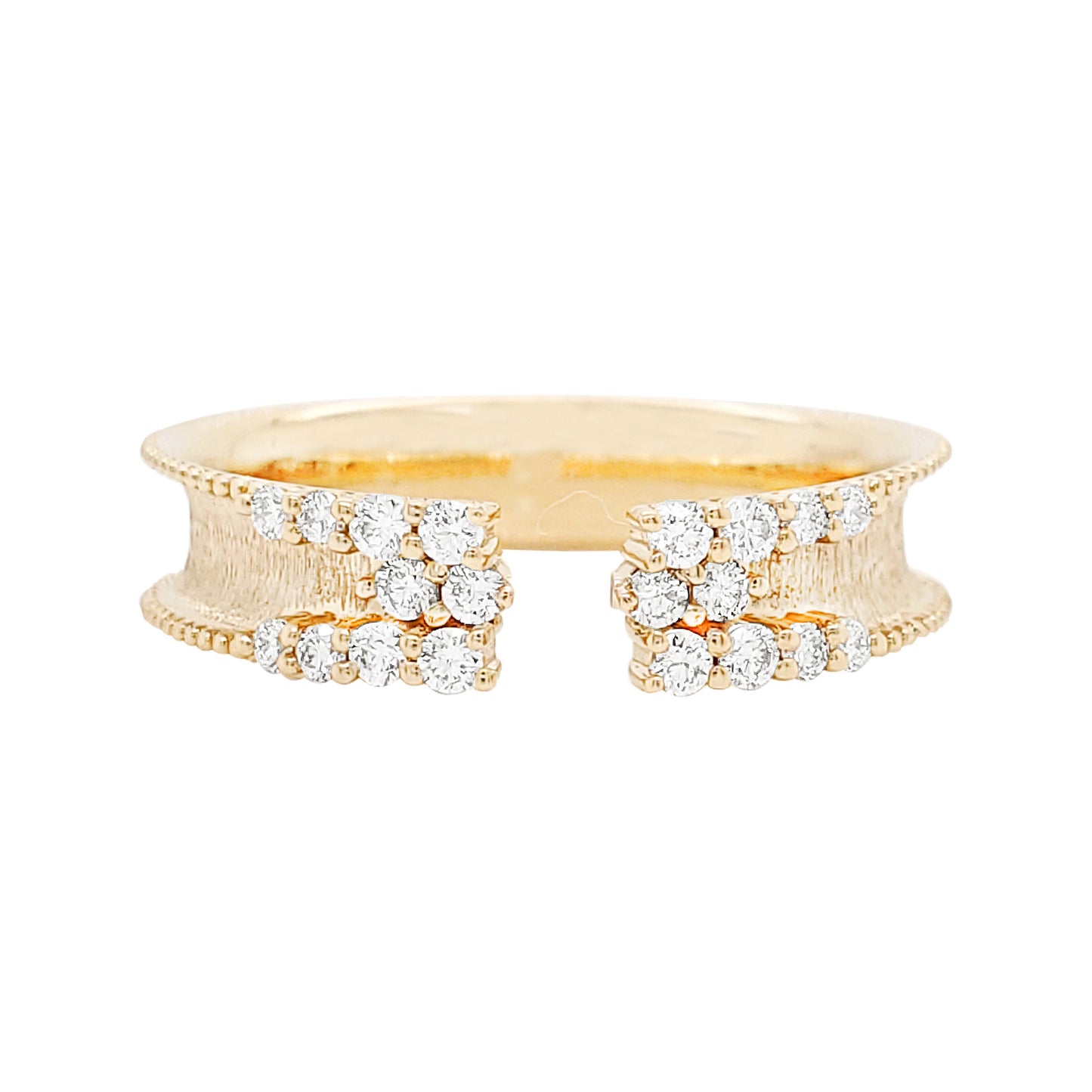Textured 14K Gold Open Cuff Ring: 1/4 CTW Diamond Clusters