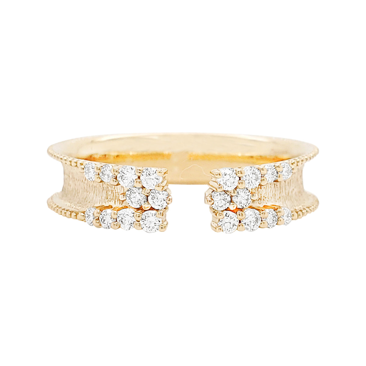 Textured 14K Gold Open Cuff Ring: 1/4 CTW Diamond Clusters