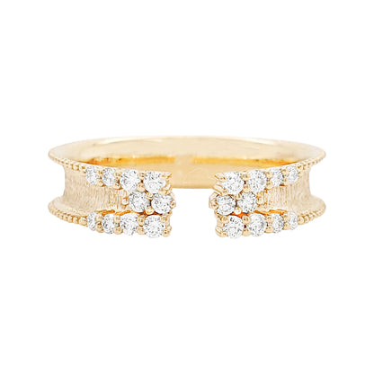Textured 14K Gold Open Cuff Ring: 1/4 CTW Diamond Clusters