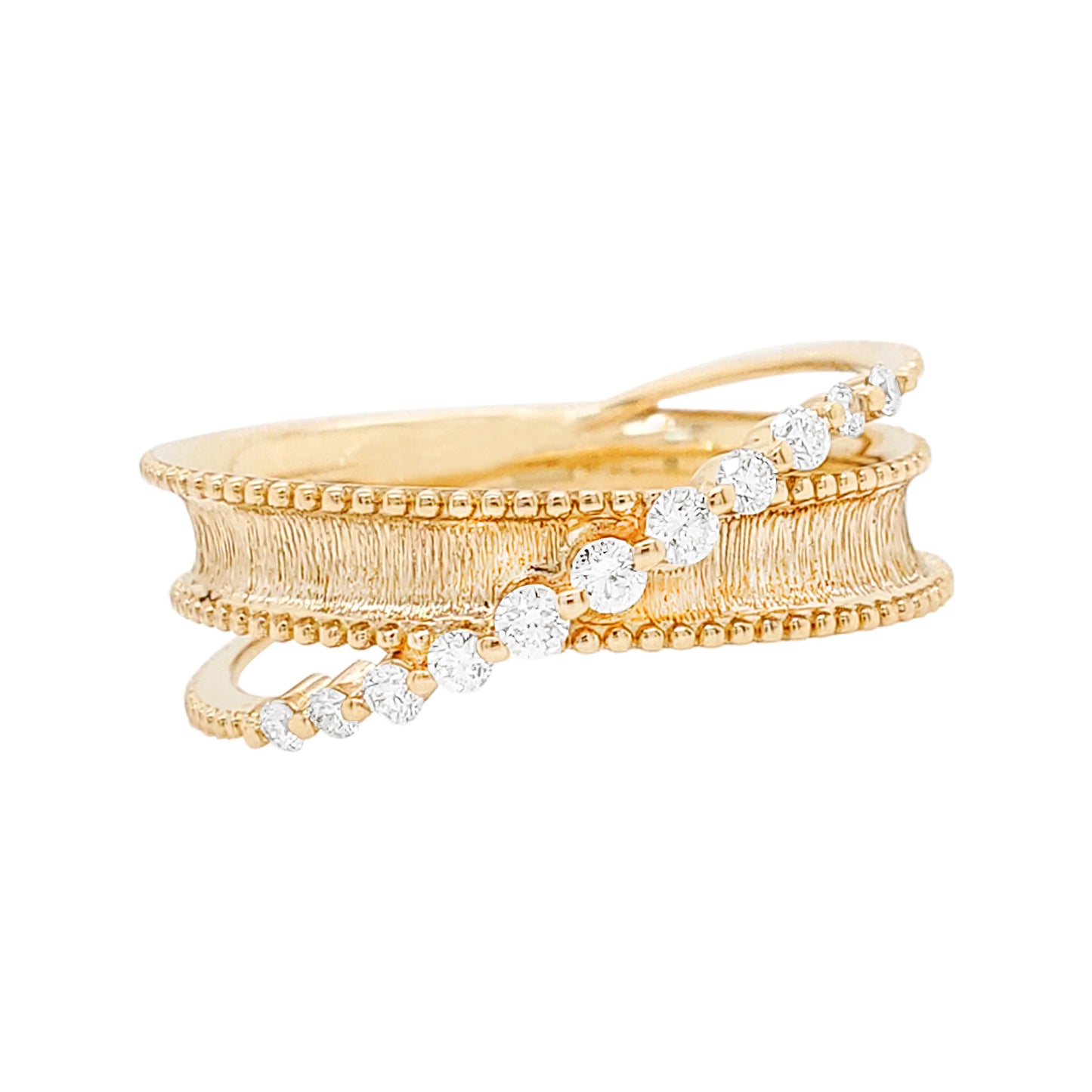 Textured 14K Gold Crossover Ring with Natural Diamonds - Wedding Band