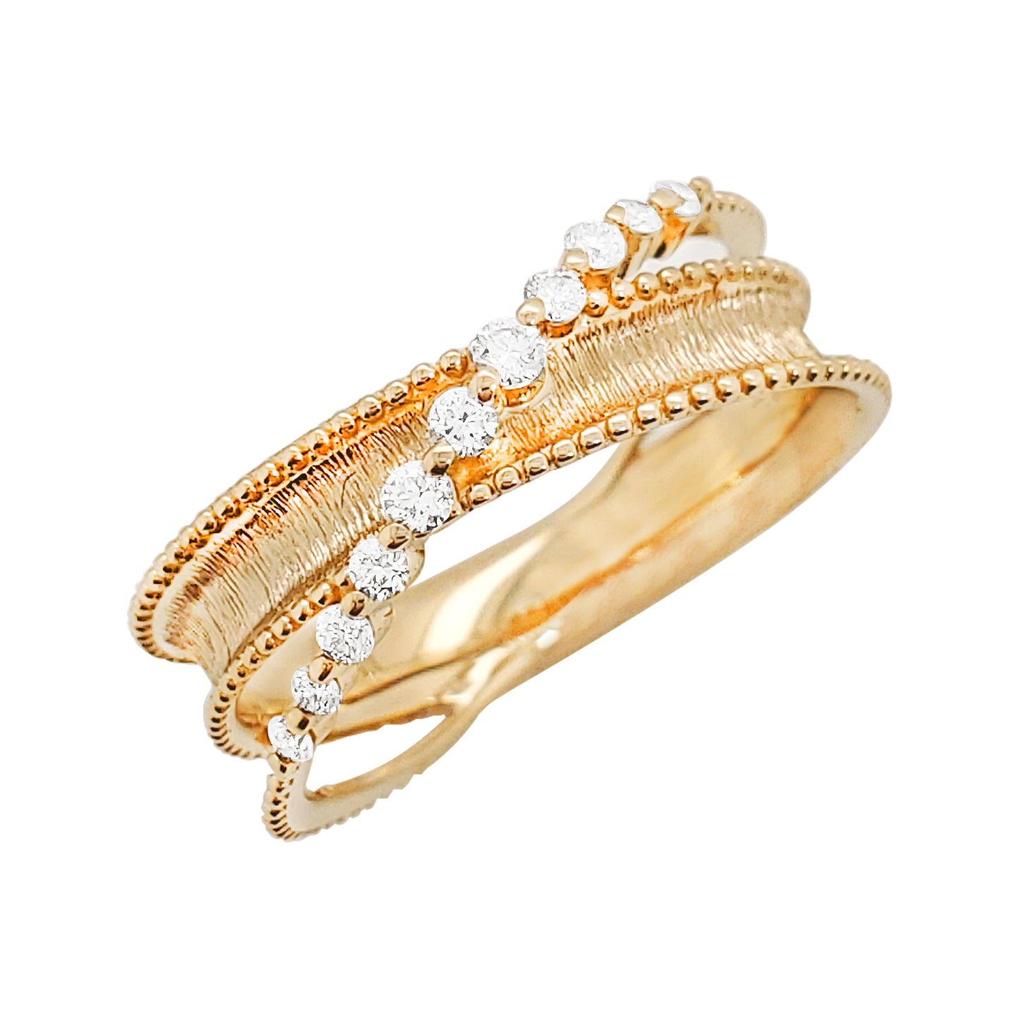 Textured 14K Gold Crossover Ring with Natural Diamonds - Wedding Band