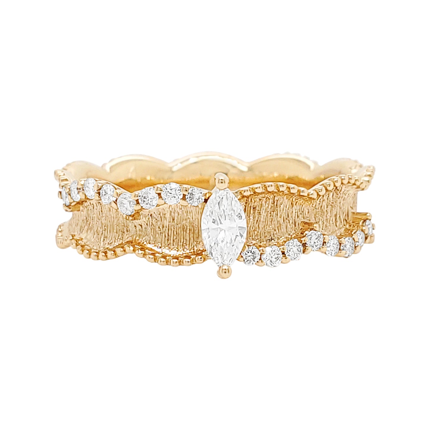 Hammered 14K Gold Diamond Ring: Boho Chic Marquise Cut