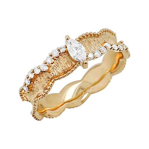 14K Brushed Gold Ring with Marquise Diamond