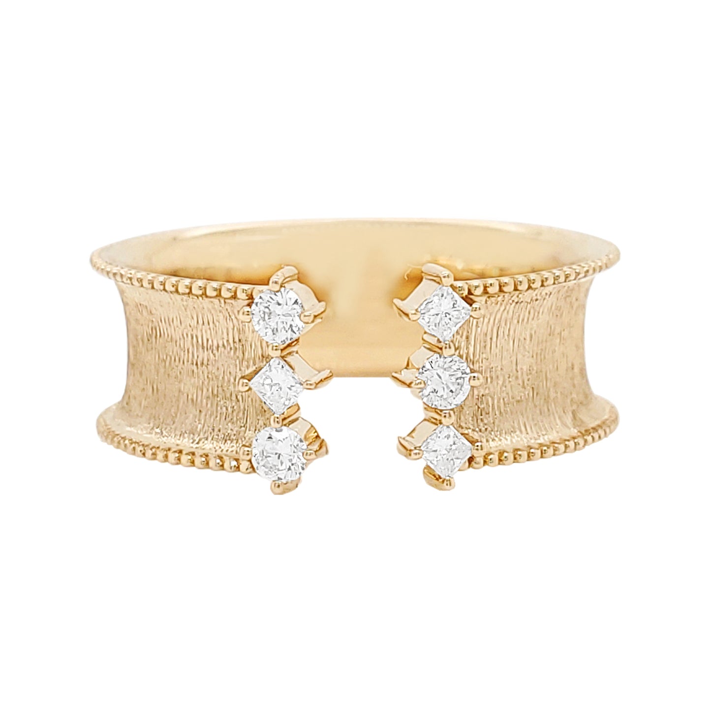 14K Gold Open Cuff Ring: Princess & Round Cut Diamond Accents
