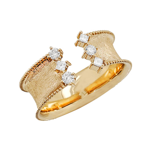 14K Gold Open Cuff Ring: Princess & Round Cut Diamond Accents