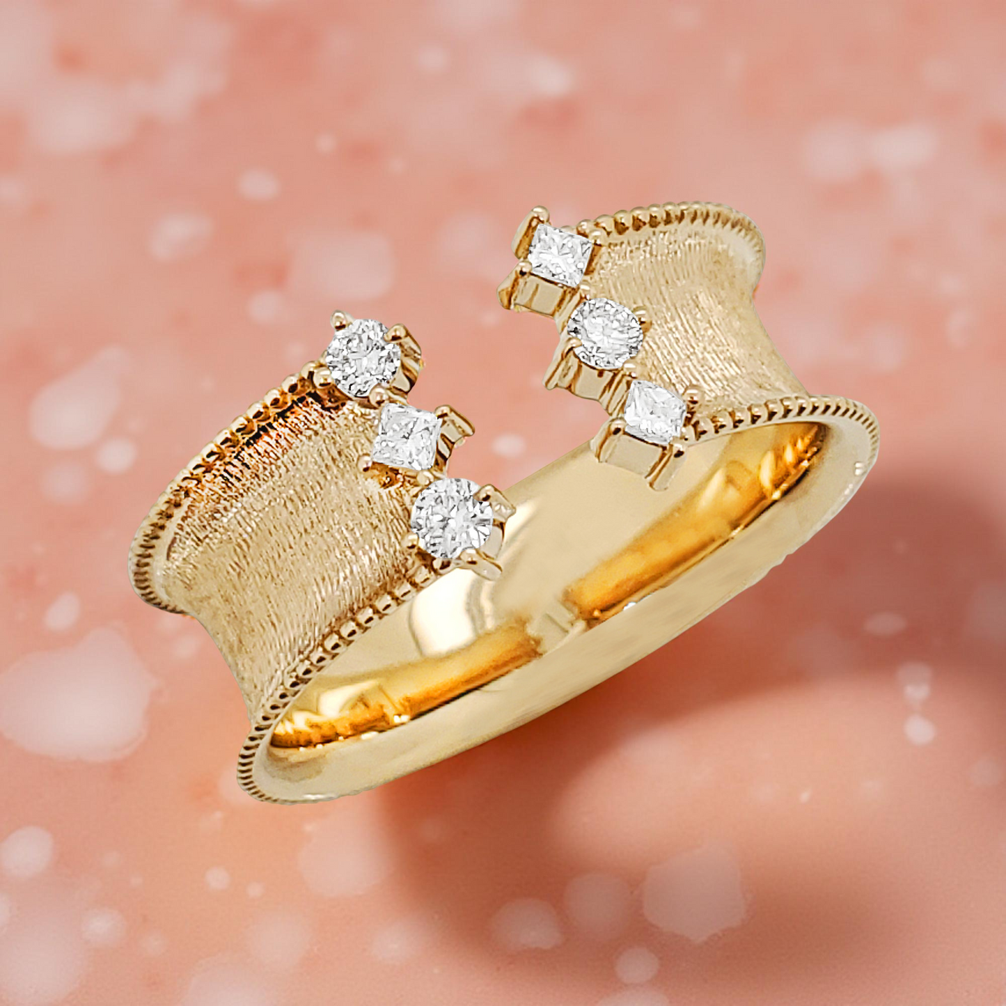 14K Gold Open Cuff Ring: Princess & Round Cut Diamond Accents
