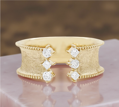 14K Gold Open Cuff Ring: Princess & Round Cut Diamond Accents