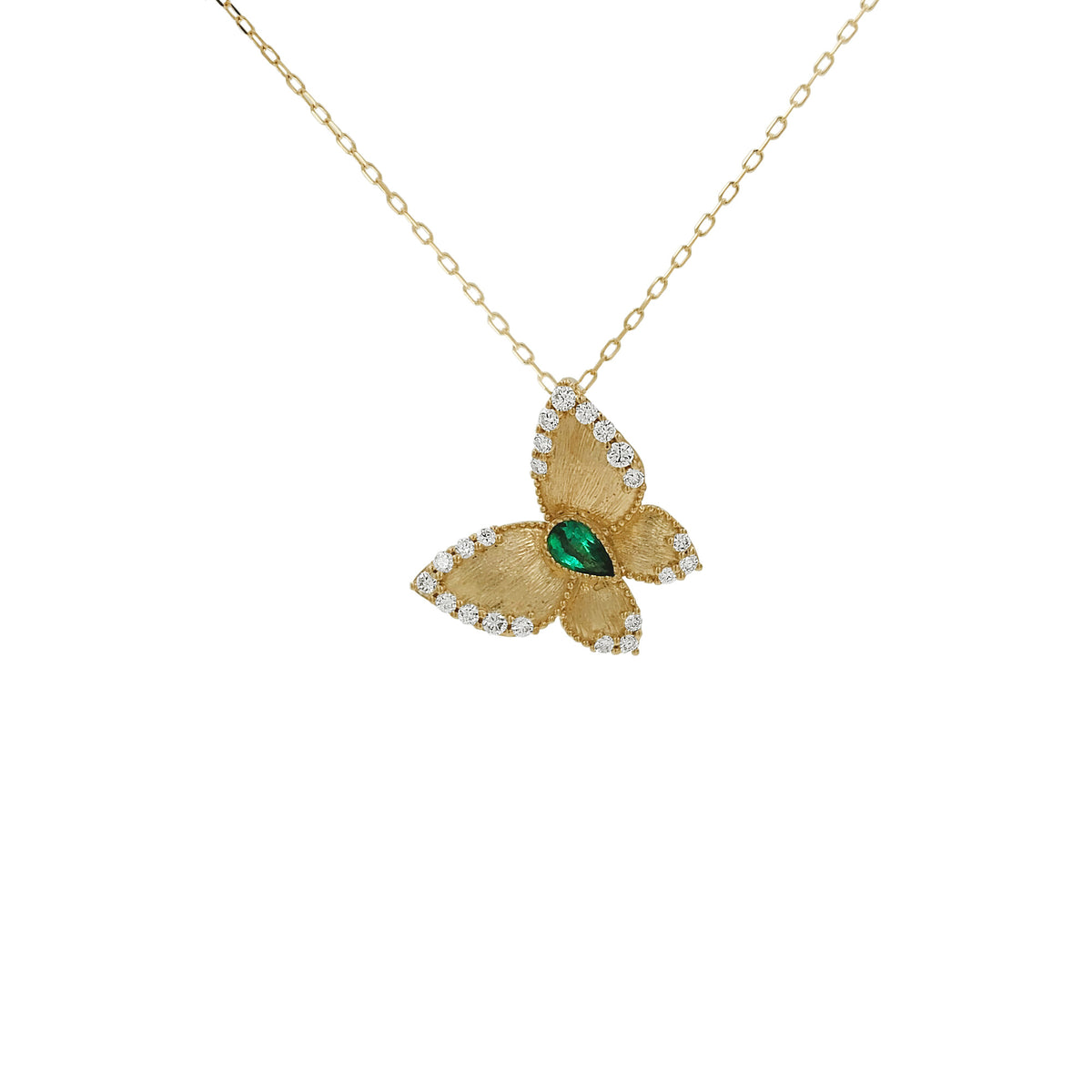 14K Gold Diamond & Emerald Butterfly Pendant Necklace