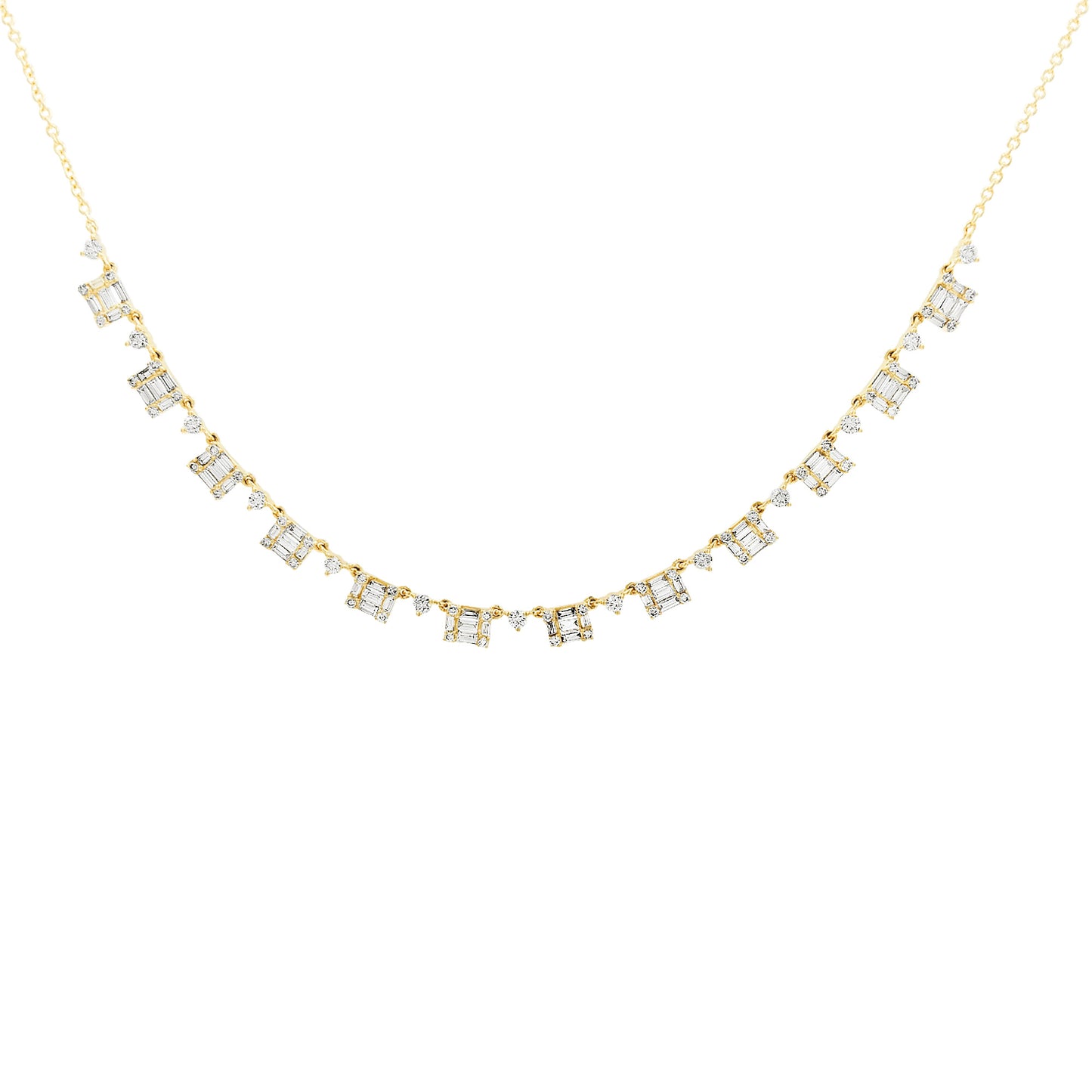 Delicate 14K Gold Diamond Drop Necklace: Baguette & Round Cut