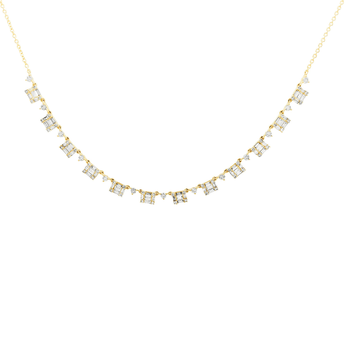 Delicate 14K Gold Diamond Drop Necklace: Baguette & Round Cut
