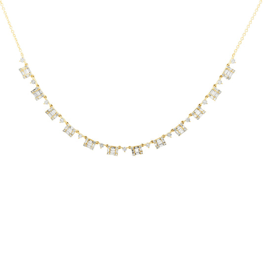 Delicate 14K Gold Diamond Drop Necklace: Baguette & Round Cut