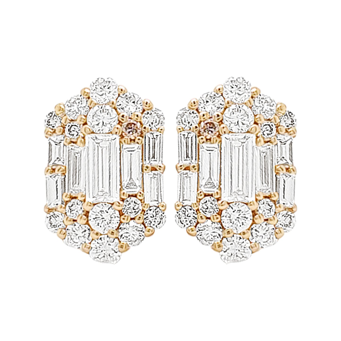 14K Gold Diamond Halo Stud Earrings: Baguette & Round Diamonds