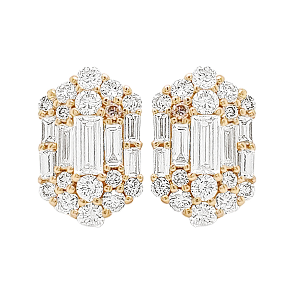 14K Gold Diamond Halo Stud Earrings: Baguette & Round Diamonds