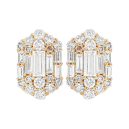 14K Gold Diamond Halo Stud Earrings: Baguette & Round Diamonds