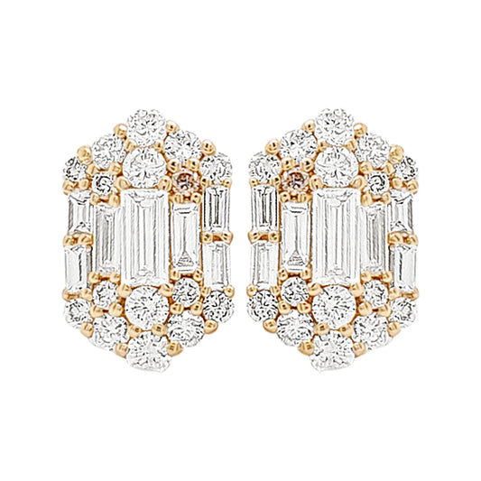 14K Gold Diamond Halo Stud Earrings: Baguette & Round Diamonds