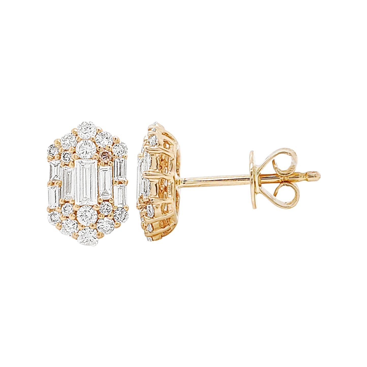 14K Gold Diamond Halo Stud Earrings: Baguette & Round Diamonds