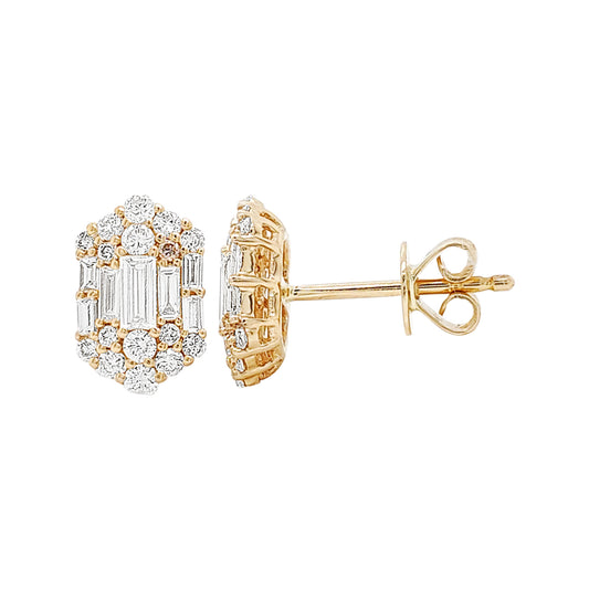 14K Gold Diamond Halo Stud Earrings: Baguette & Round Diamonds
