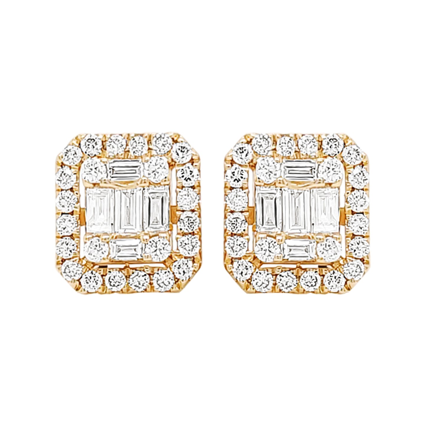 14K Gold Diamond Halo Stud Earrings: Baguette & Round Cut (2/5 CTW)