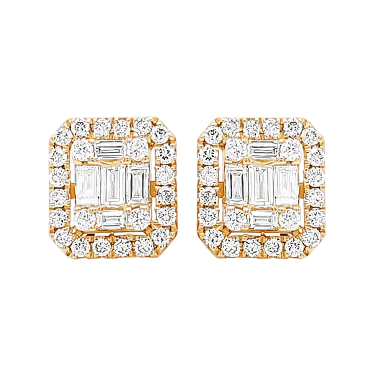 14K Gold Diamond Halo Stud Earrings: Baguette & Round Cut (2/5 CTW)