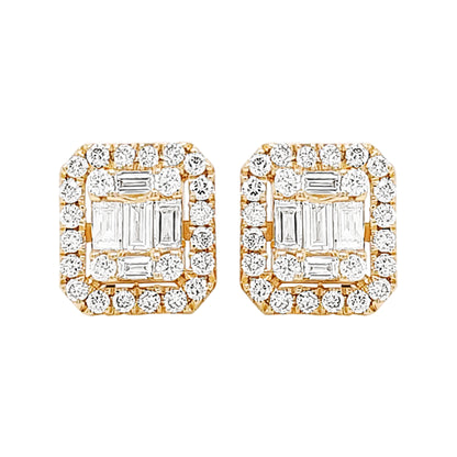 14K Gold Diamond Halo Stud Earrings: Baguette & Round Cut (2/5 CTW)