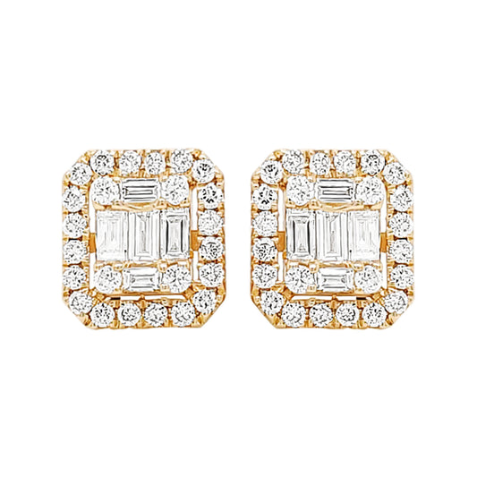 14K Gold Diamond Halo Stud Earrings: Baguette & Round Cut (2/5 CTW)