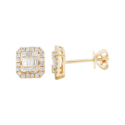 14K Gold Diamond Halo Stud Earrings: Baguette & Round Cut (2/5 CTW)