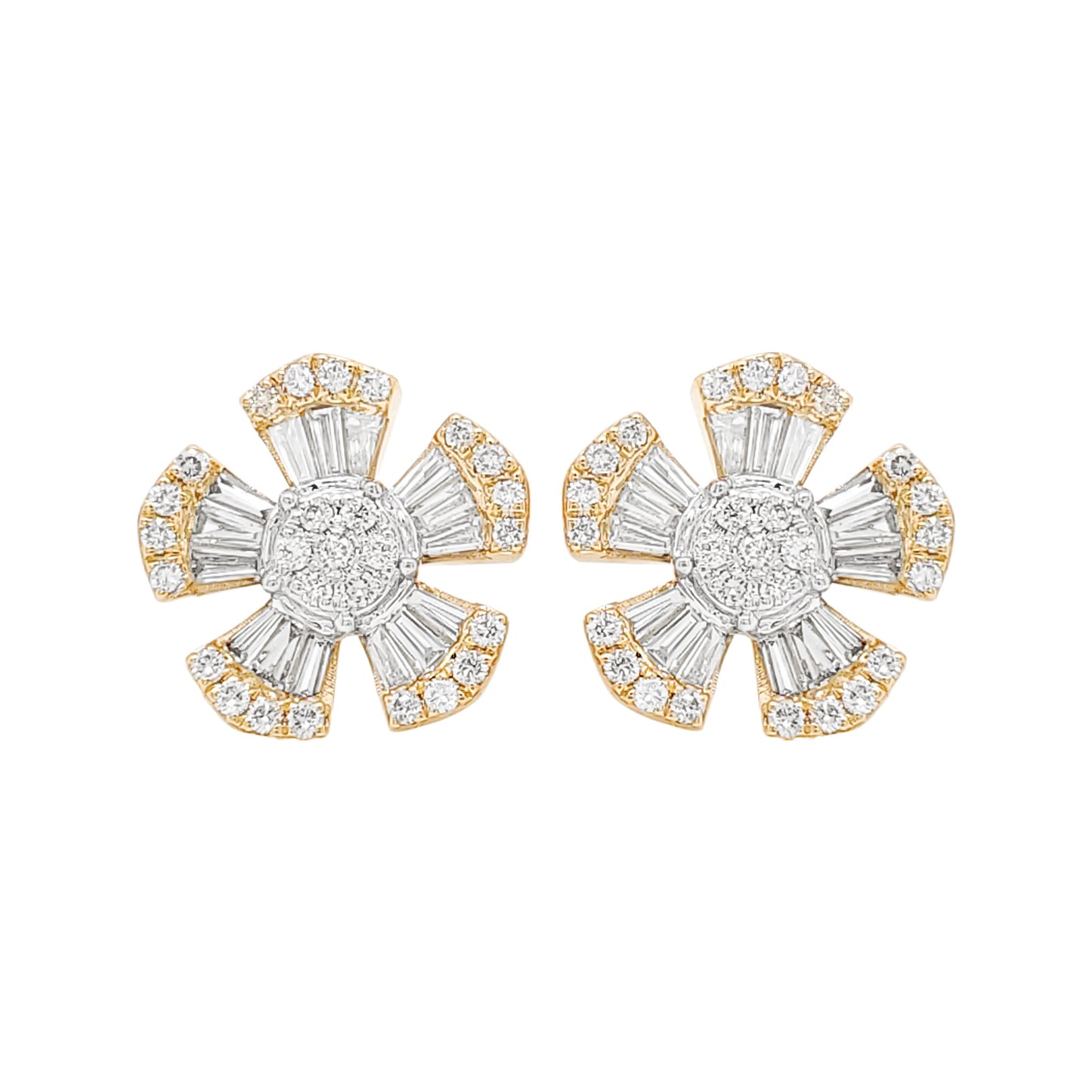 14K Gold Flower Earrings: 0.7 CTW Diamond Baguette & Round Accents