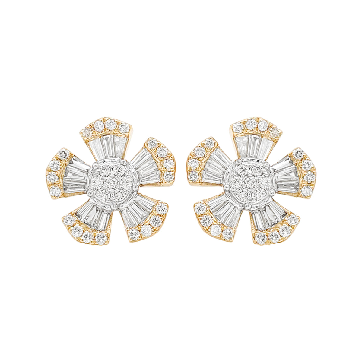 14K Gold Flower Earrings: 0.7 CTW Diamond Baguette & Round Accents