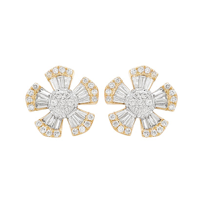 14K Gold Flower Earrings: 0.7 CTW Diamond Baguette & Round Accents
