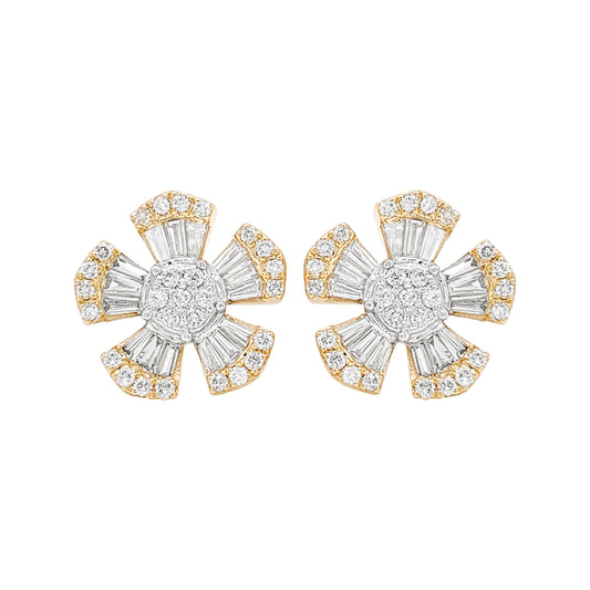 14K Gold Flower Earrings: 0.7 CTW Diamond Baguette & Round Accents