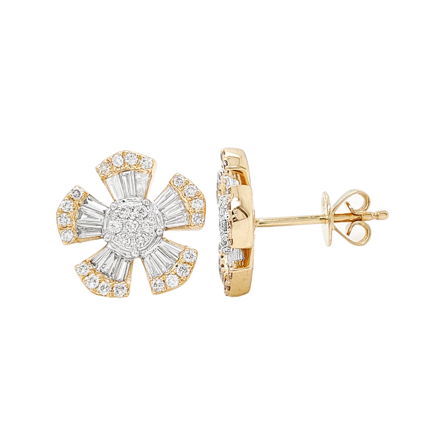 14K Gold Flower Earrings: 0.7 CTW Diamond Baguette & Round Accents