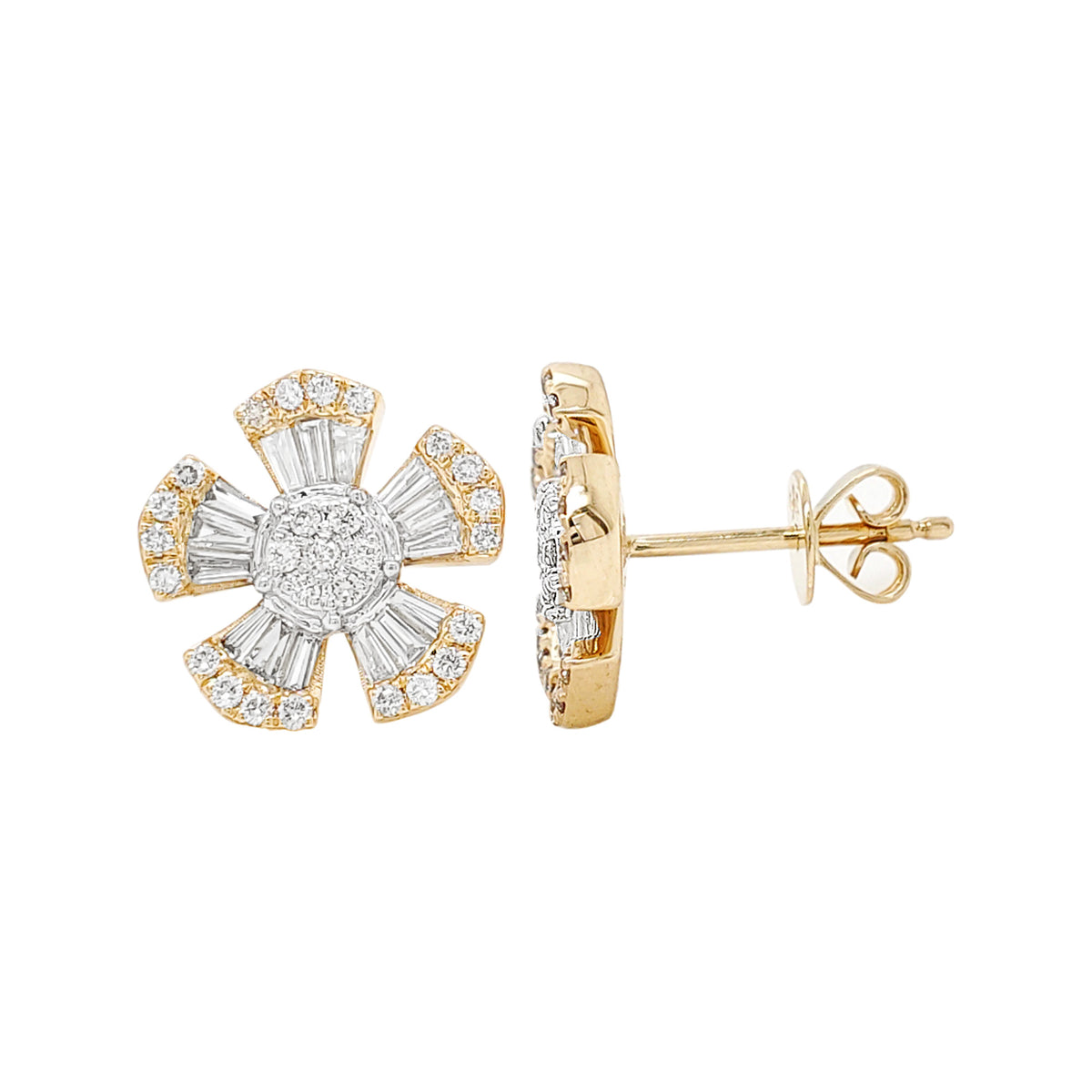 14K Gold Flower Earrings: 0.7 CTW Diamond Baguette & Round Accents