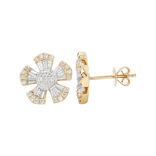 14K Gold Flower Earrings: 0.7 CTW Diamond Baguette & Round Accents